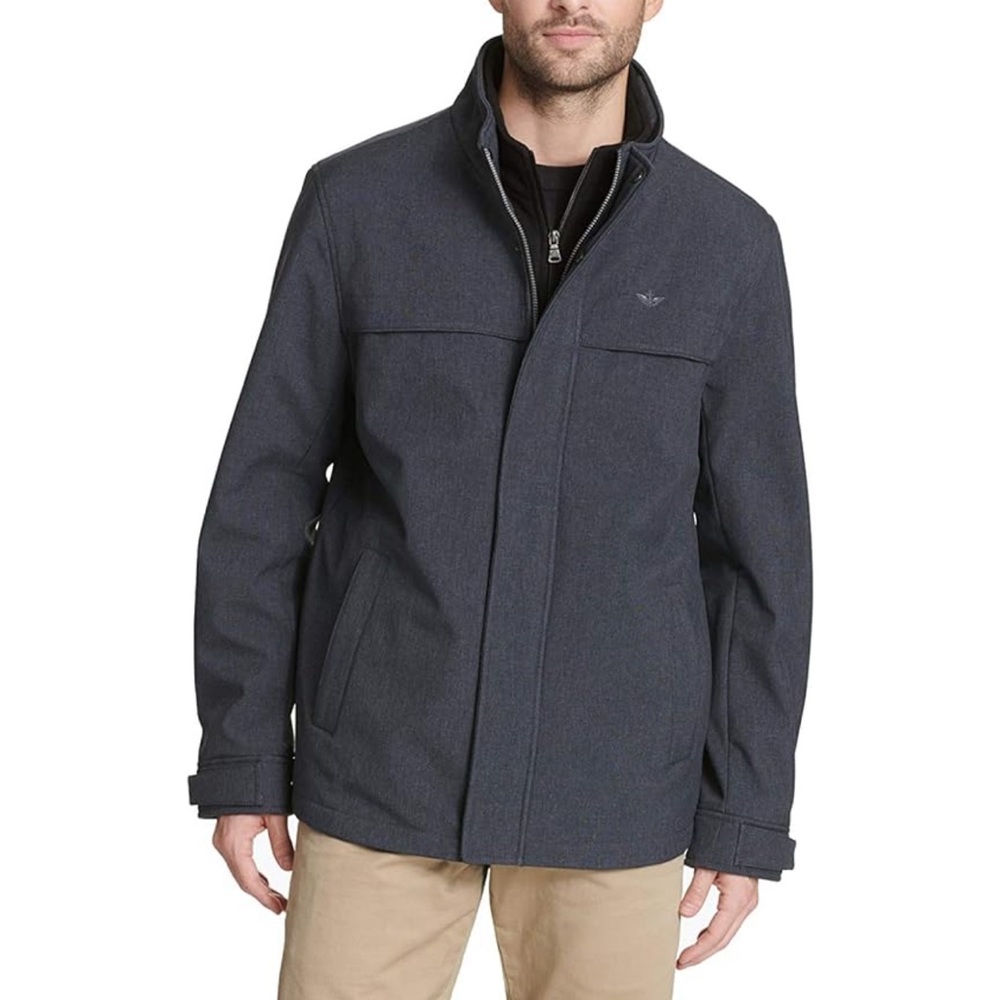 Dockers Men's Soft Shell Stand Collar Zip Front Jacket W/ Attached Fleece Bib